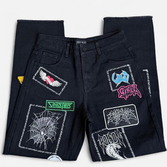 NWOT Dolls Kill Current Mood Black Patched Punk Distressed Hem Baggy Jeans XS - Picture 1 of 7